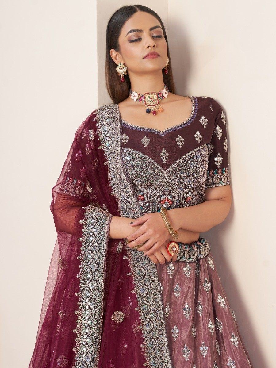 Beautiful Maroon Stone Work Satin Designer Lehenga Choli