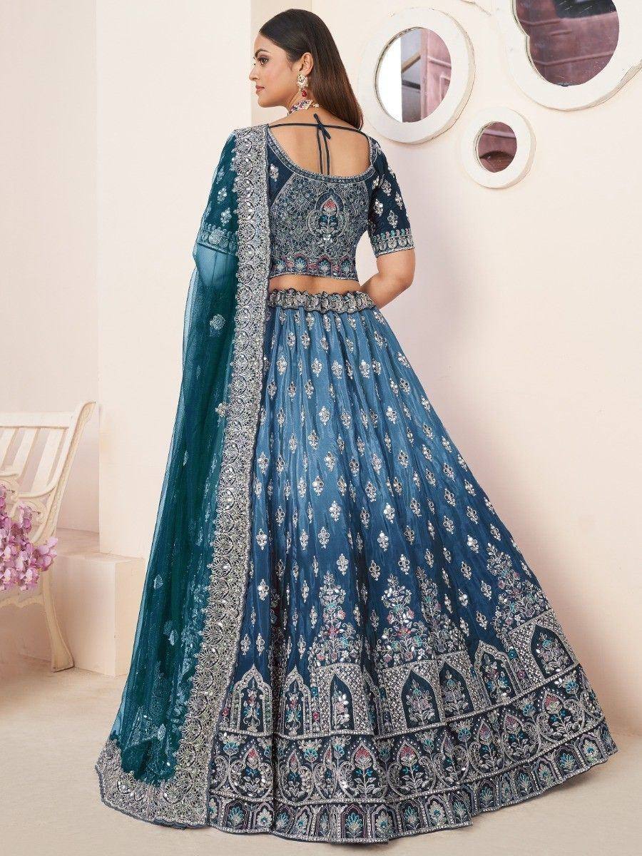Blue embroidered lehenga choli with dupatta, Indian ethnic wear for weddings and festivals