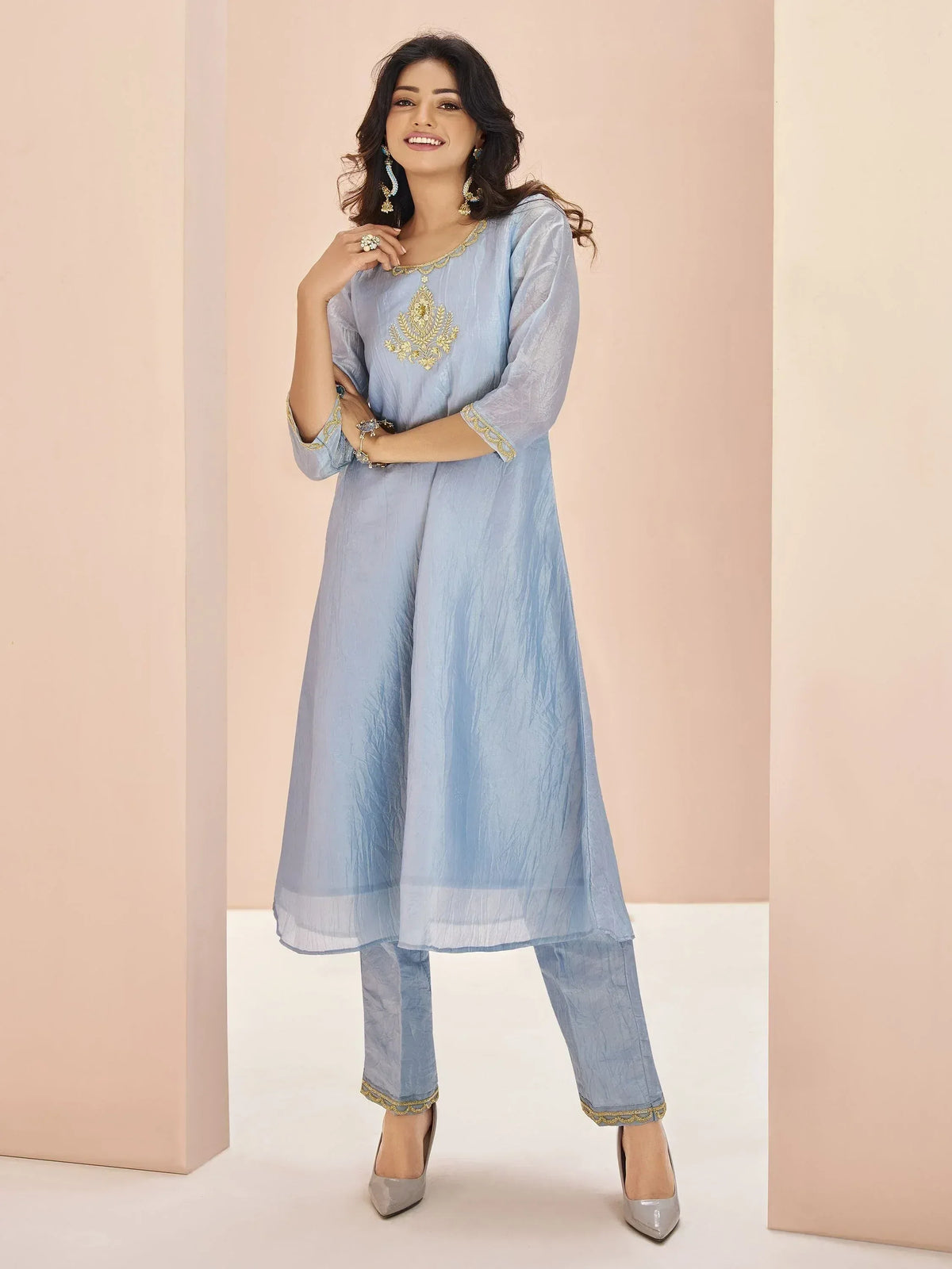 Light blue embroidered kurta with matching pants, ethnic wear for women