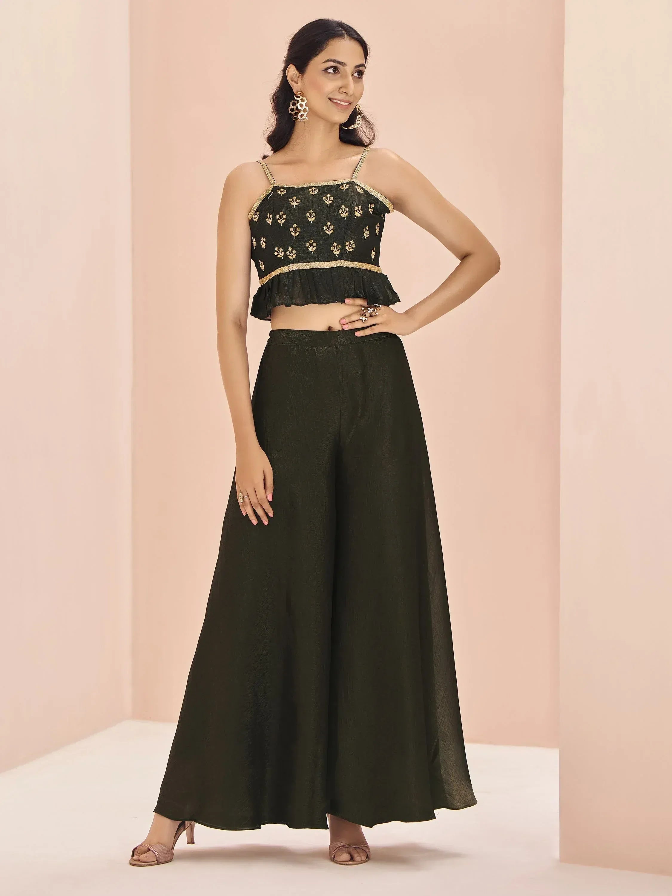 Green embroidered crop top with wide palazzo pants, ethnic wear for women