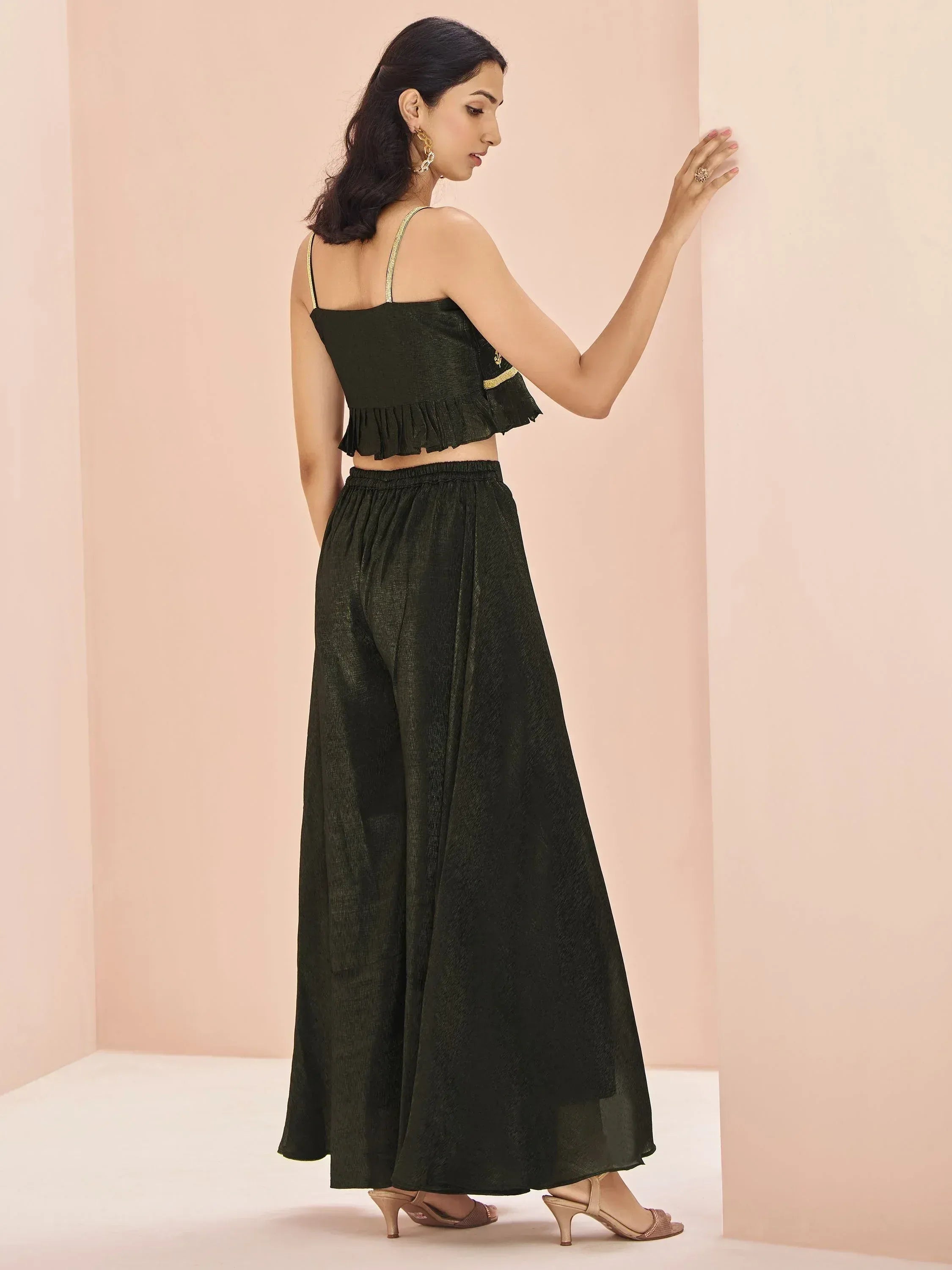 Green ethnic crop top with ruffled hem and matching wide-leg palazzo pants for women