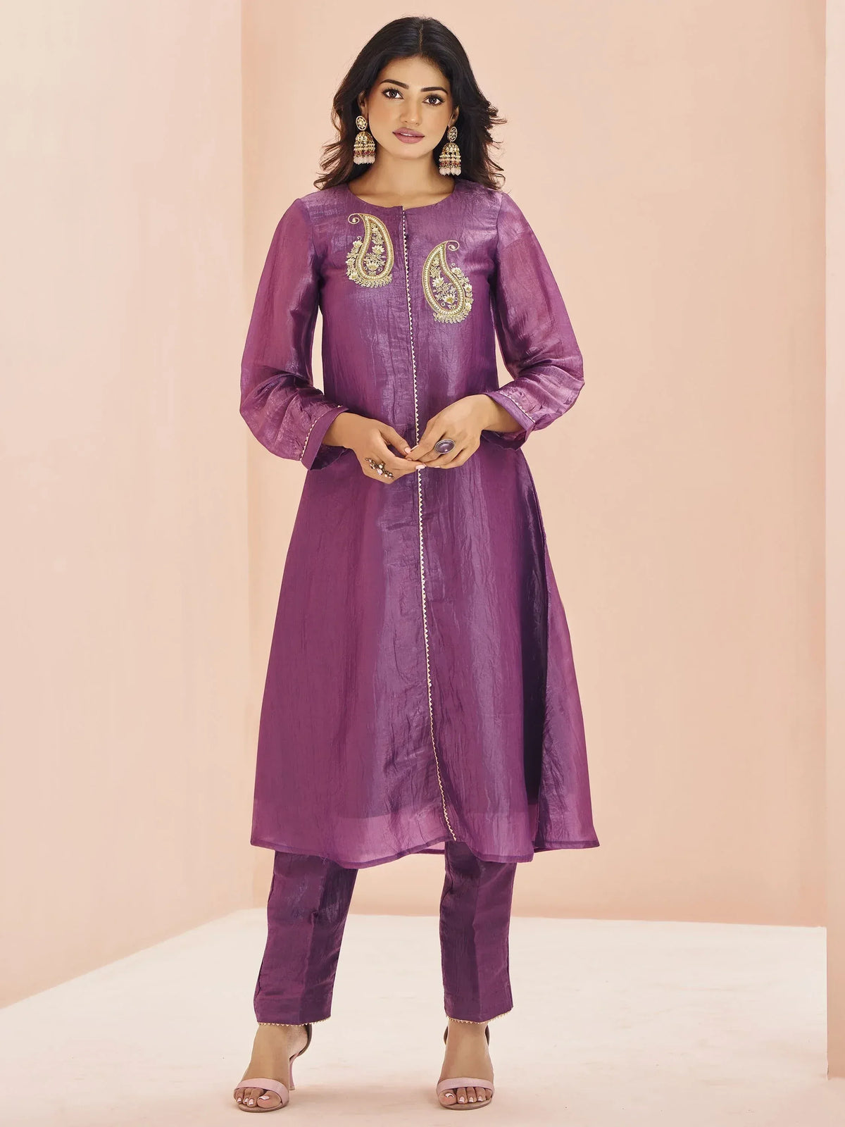 Purple ethnic kurta with gold paisley embroidery and matching pants for women