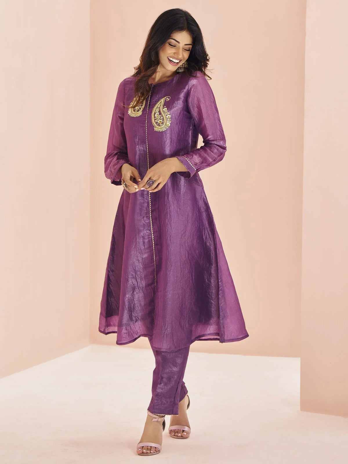 Purple ethnic kurta with gold paisley embroidery, paired with matching pants for women