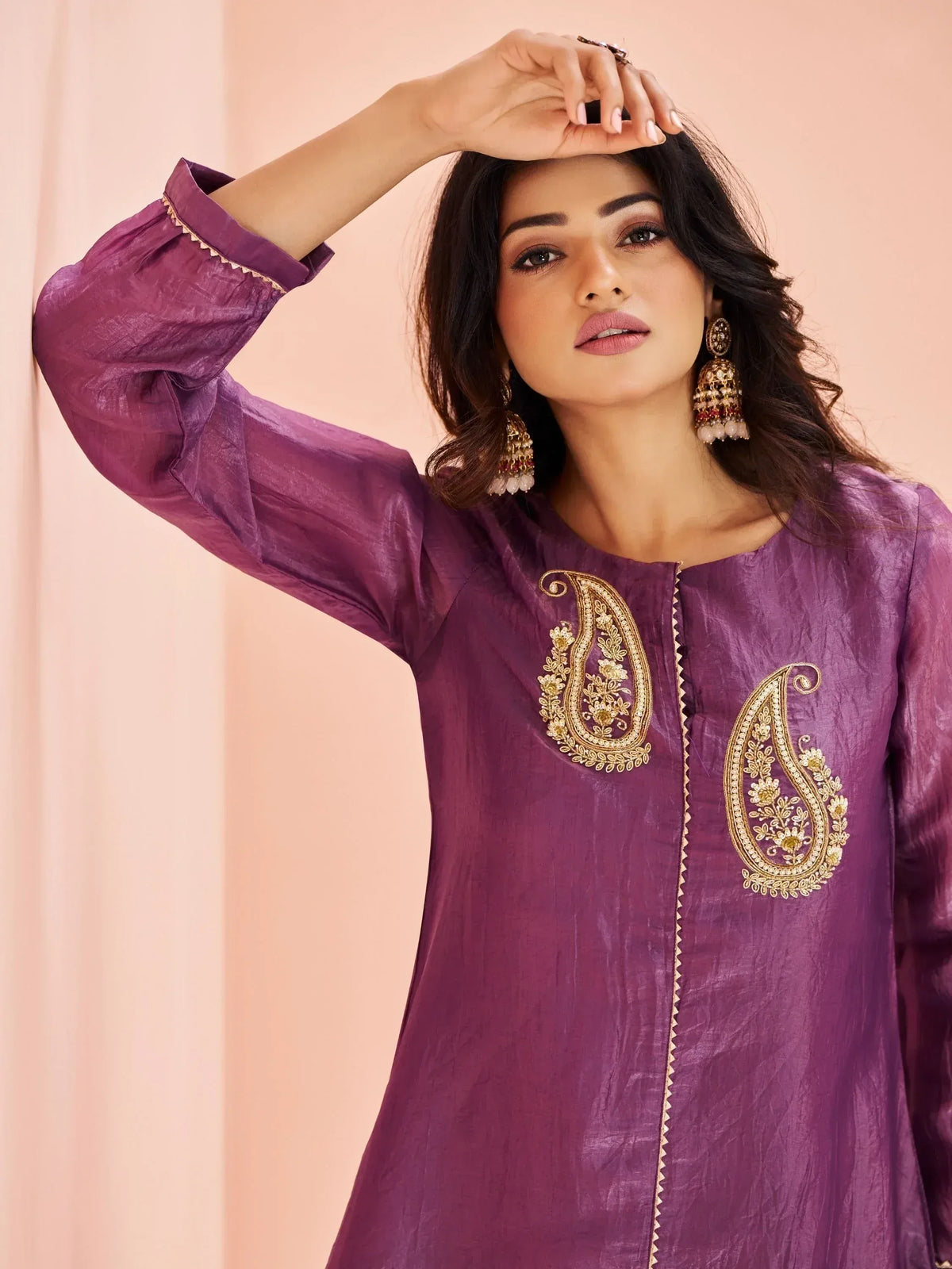 Purple ethnic kurta with gold paisley embroidery, perfect for Indian wear occasions