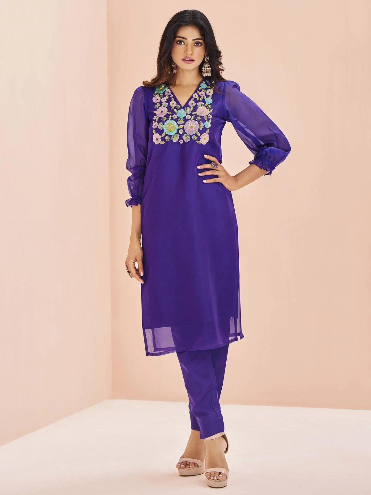 Purple floral embroidered kurta with matching pants, Indian ethnic wear for women