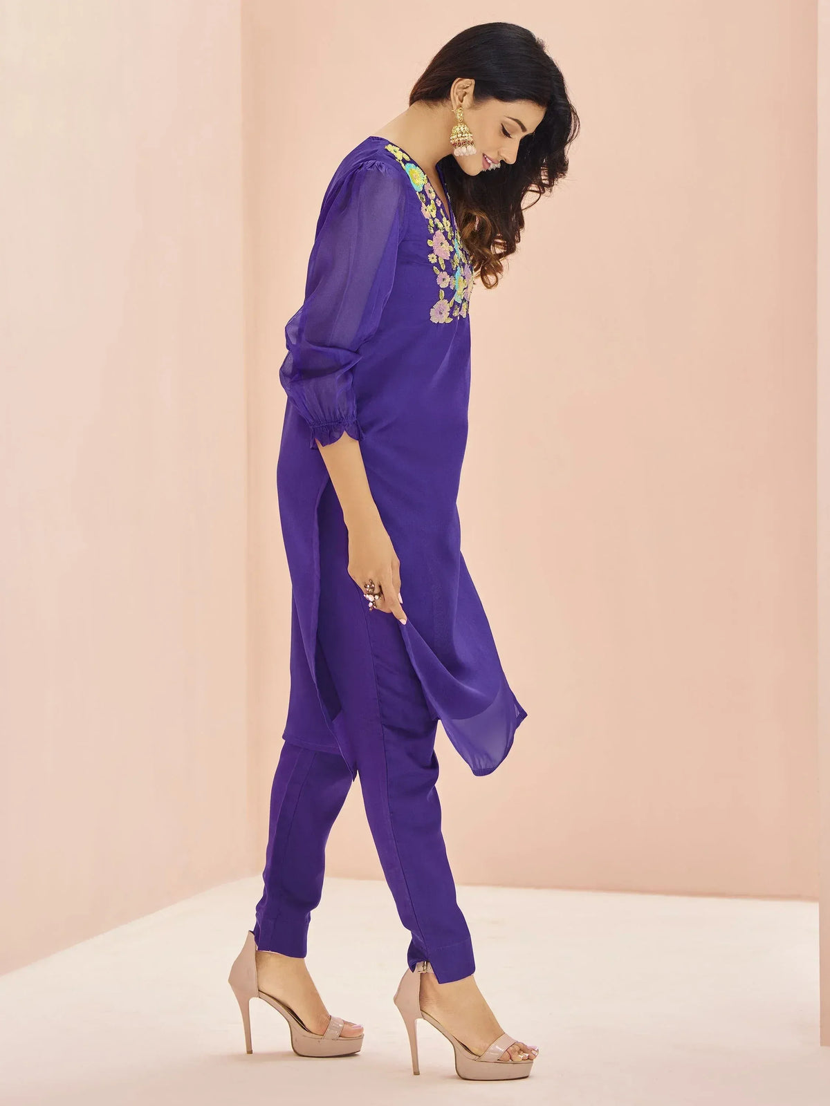 Purple floral embroidered kurta with matching pants, ethnic wear for women