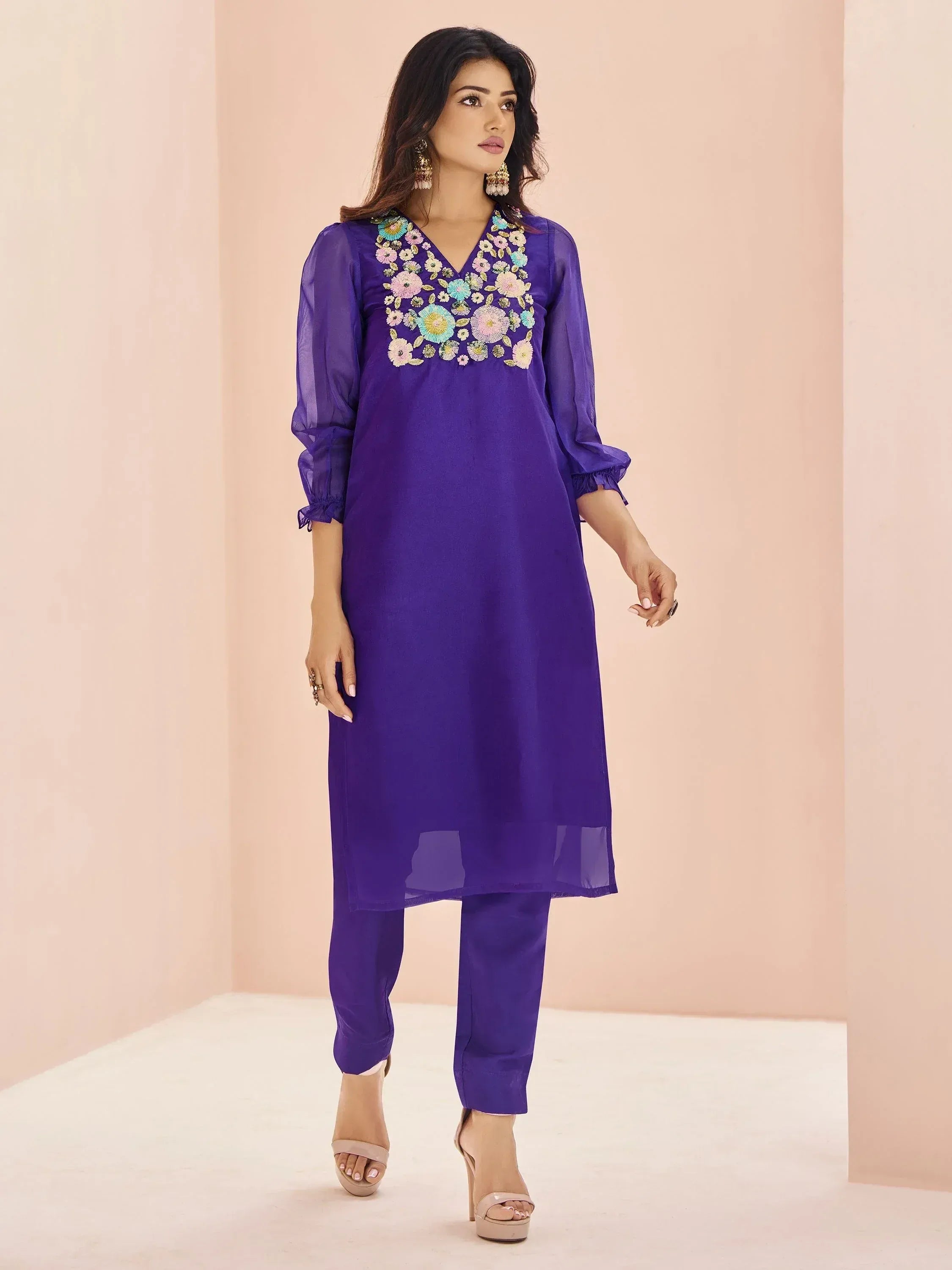 Purple ethnic kurta with floral embroidery and matching pants, Indian designer wear