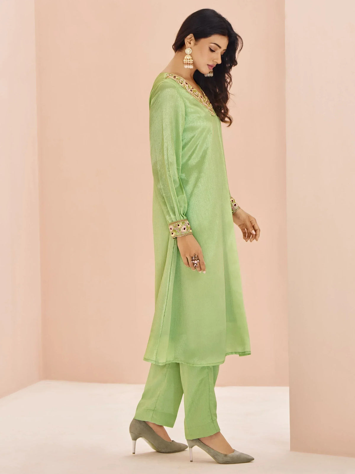 Light green embroidered kurta with matching pants, ethnic wear for women