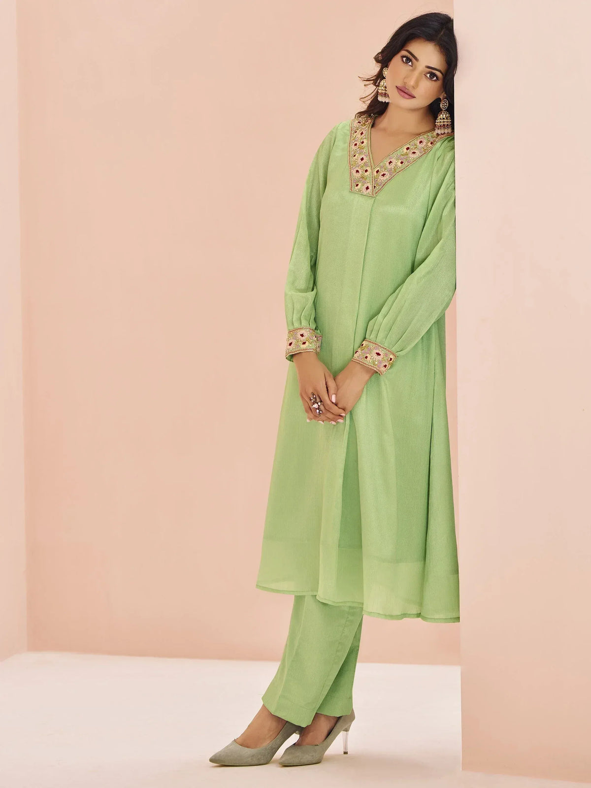 Mint green embroidered kurta with matching pants, ethnic wear for women