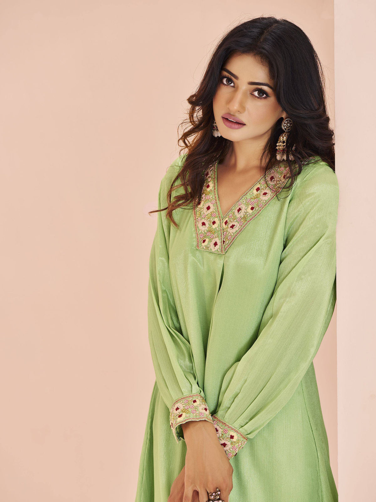 Light green ethnic kurti with floral embroidery, perfect for Indian wear and festive occasions.