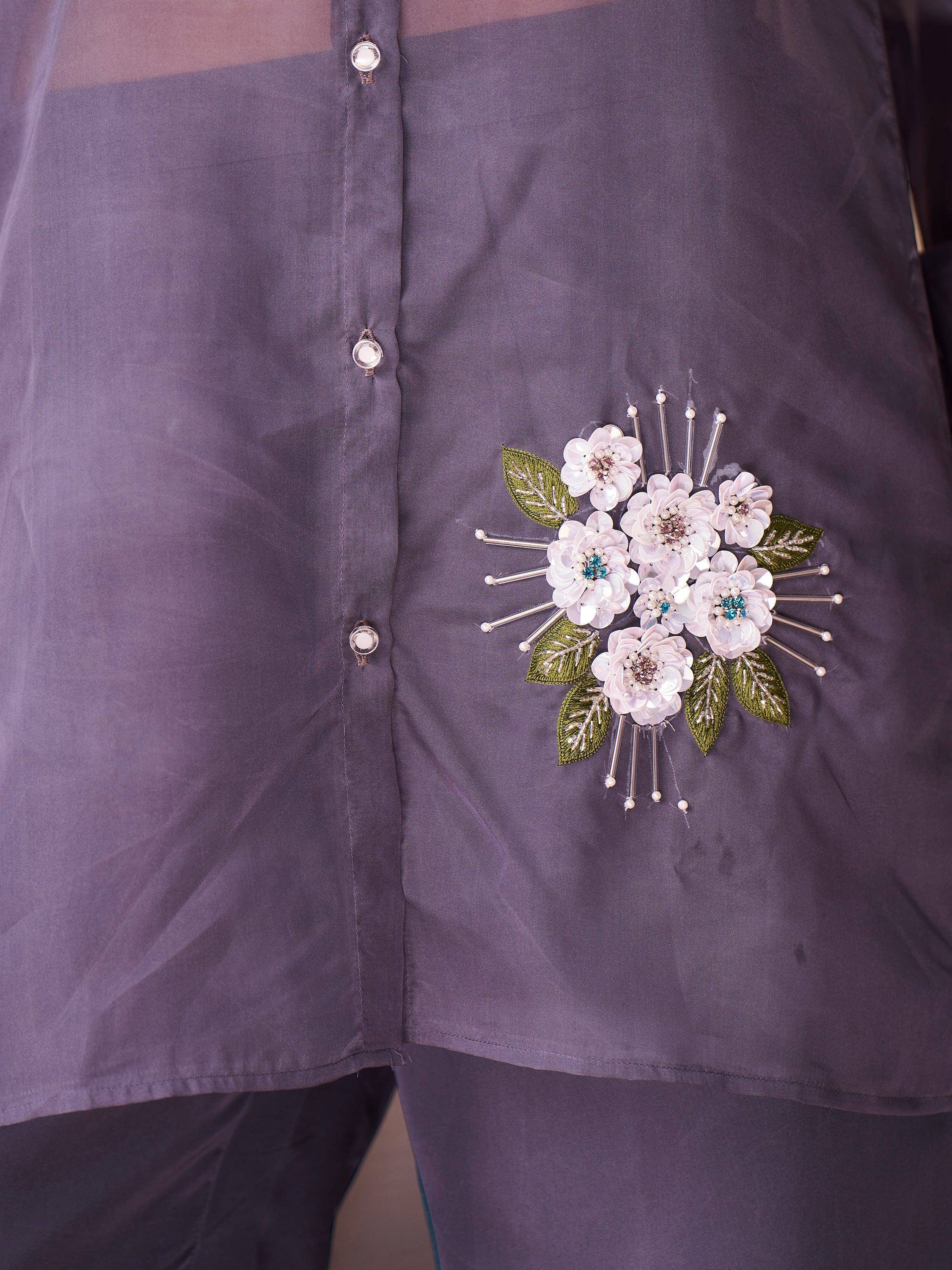 Purple ethnic kurta with floral sequin embroidery and sheer overlay, perfect for Indian wear