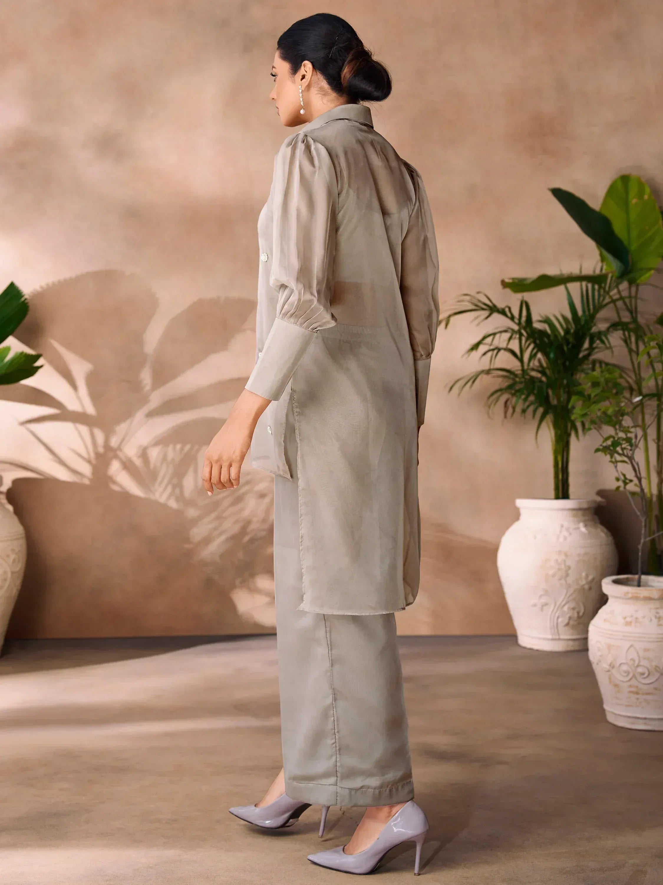 Beige ethnic kurta with wide pants and heels, stylish Indian wear for women