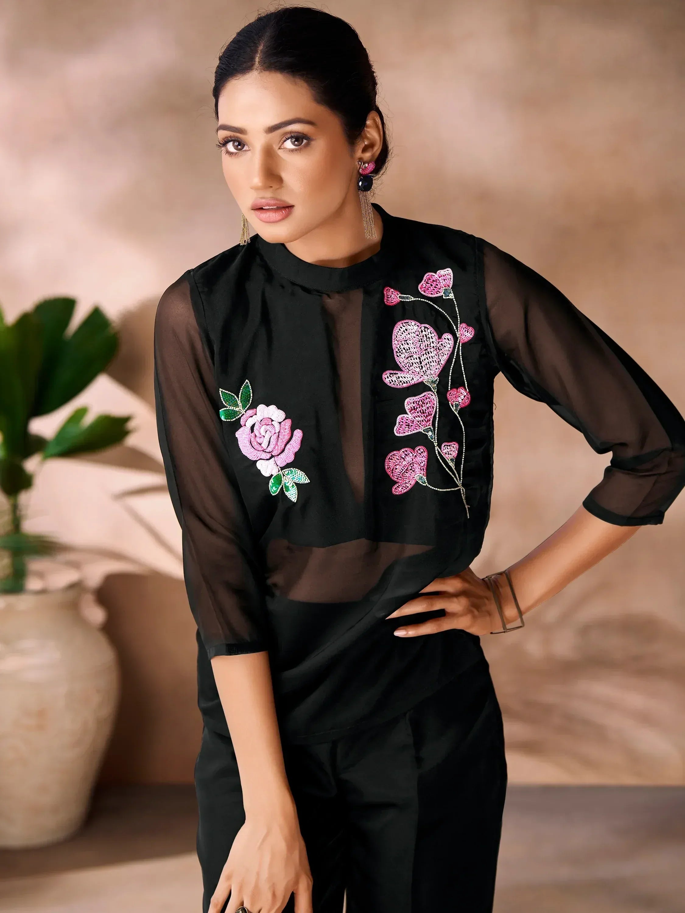 Black sheer top with pink floral embroidery, ethnic wear for women