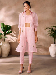 Woman wearing a light pink embroidered ethnic pant set with sheer jacket, Ethnic Plus fashion