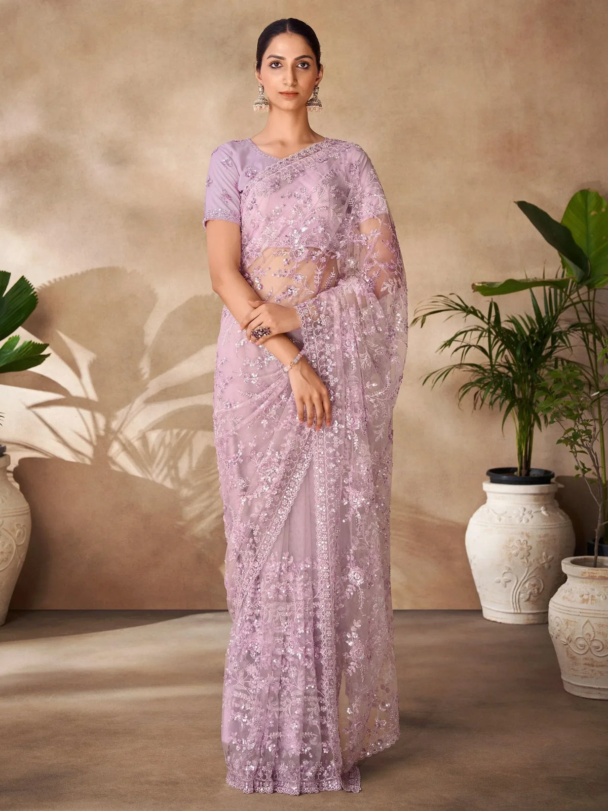 Lavender embroidered saree with sequins, perfect for Indian ethnic wear and festive occasions