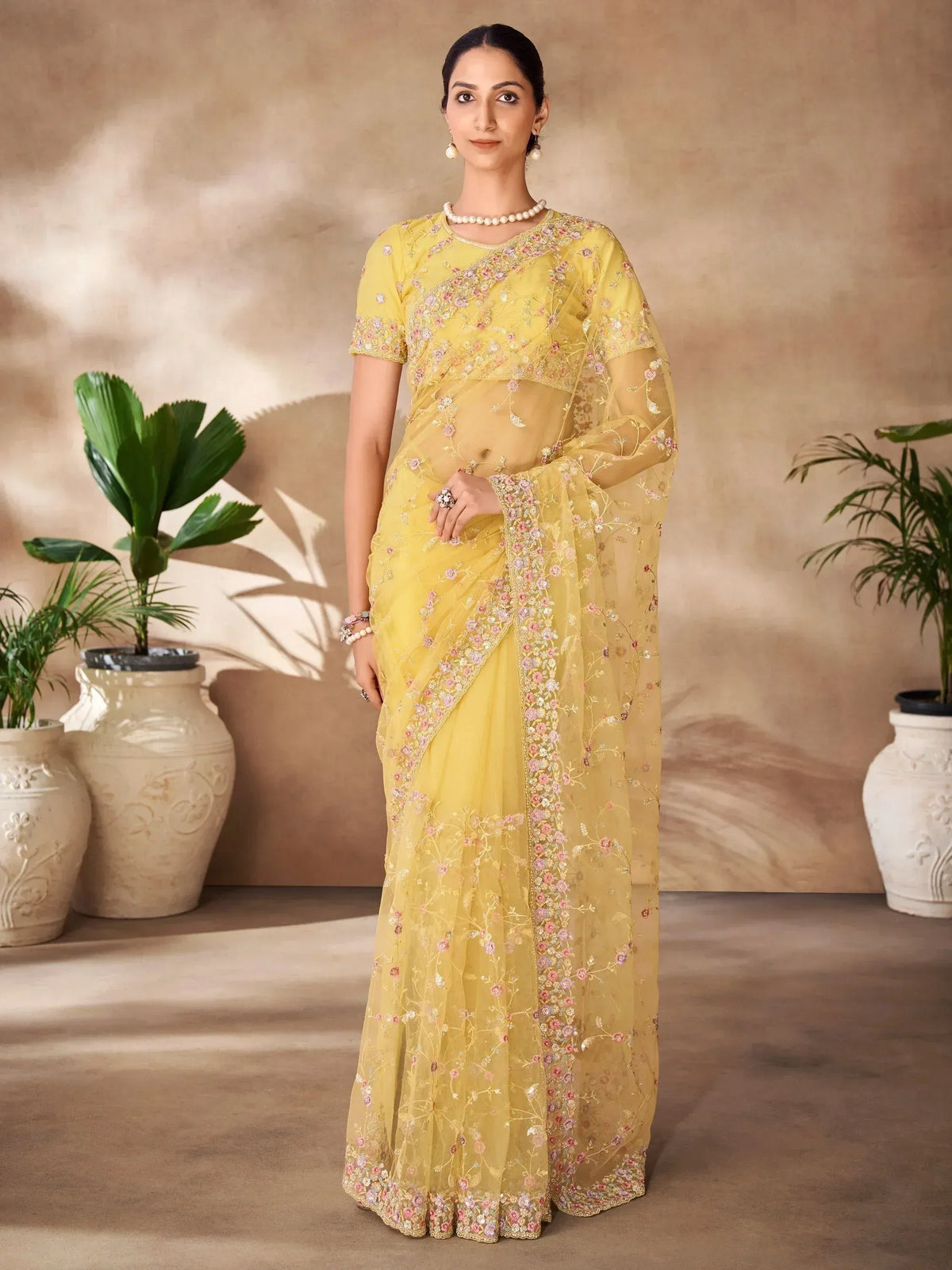 Yellow floral embroidered saree with matching blouse, Indian ethnic wear for women