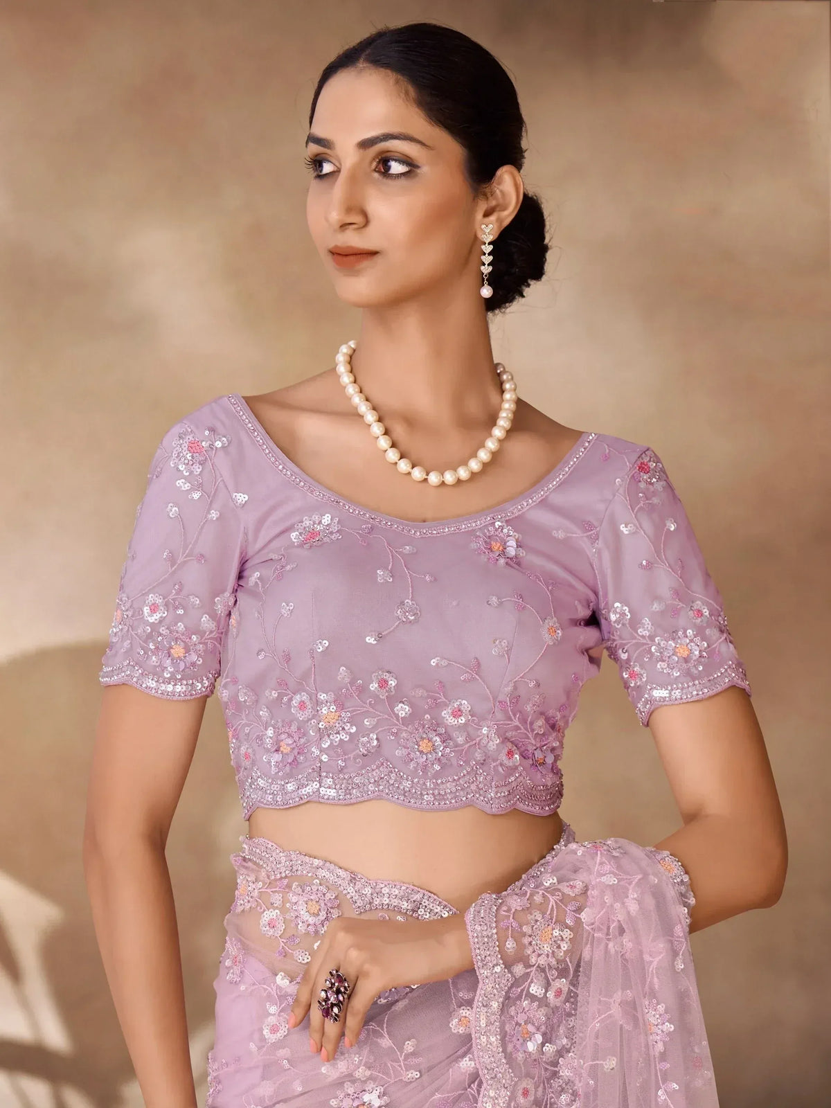 Lavender embroidered lehenga choli with floral sequin work, perfect for Indian ethnic wear occasions