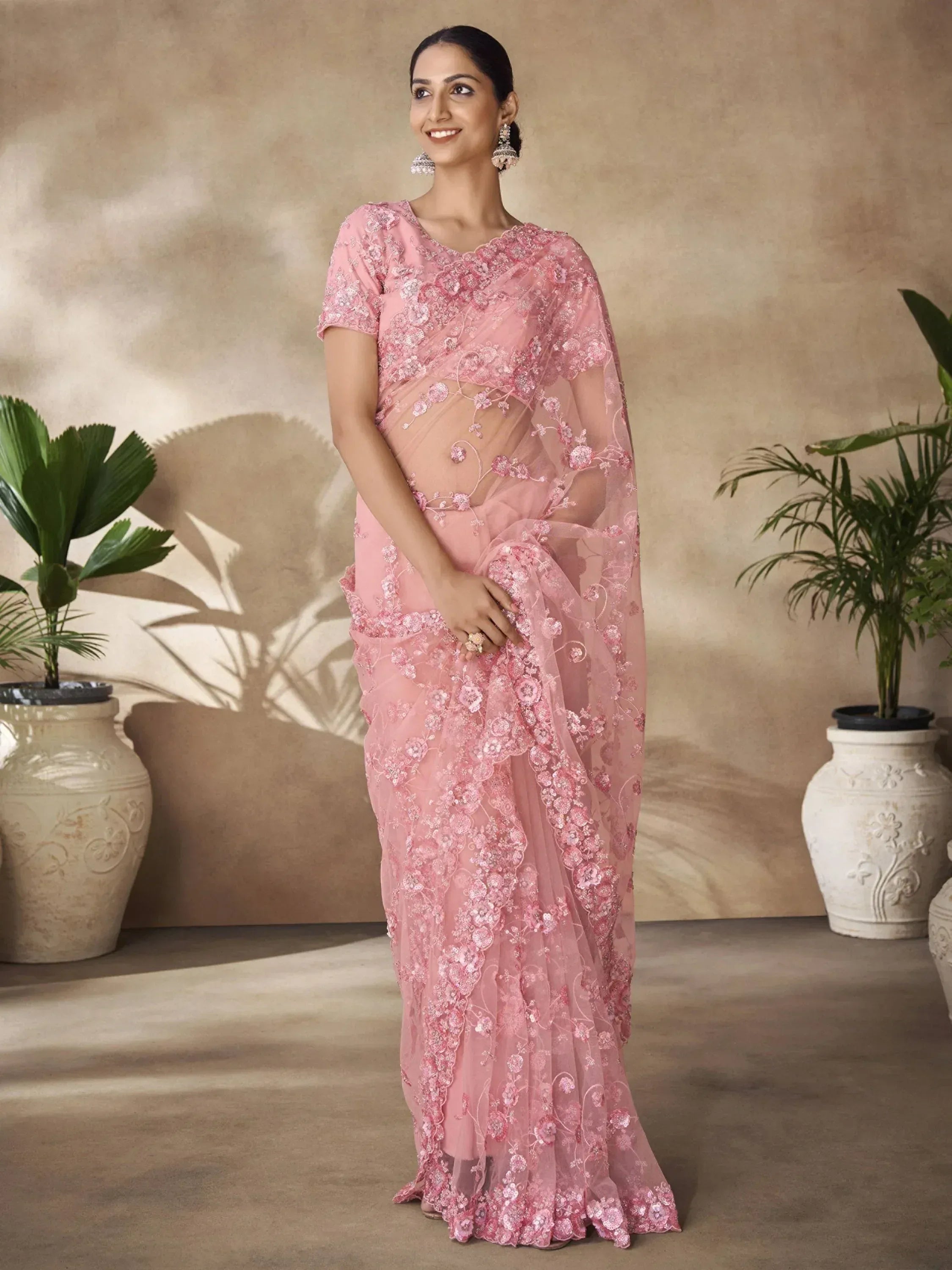 Pink floral embroidered saree with sheer blouse, Indian ethnic wear for weddings and parties