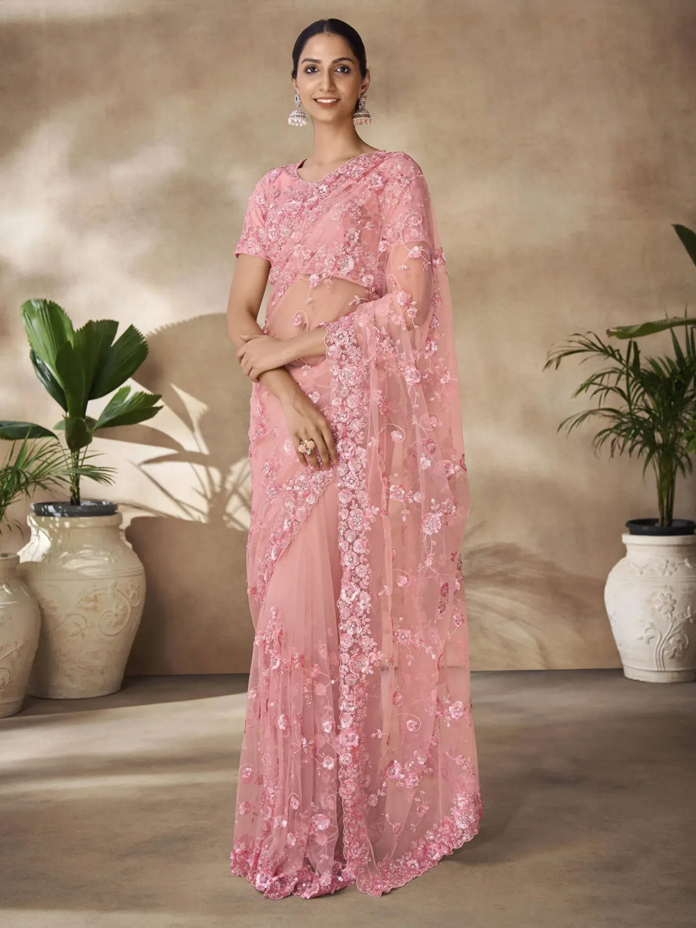 Pink floral embroidered saree with matching blouse, Indian ethnic wear for women