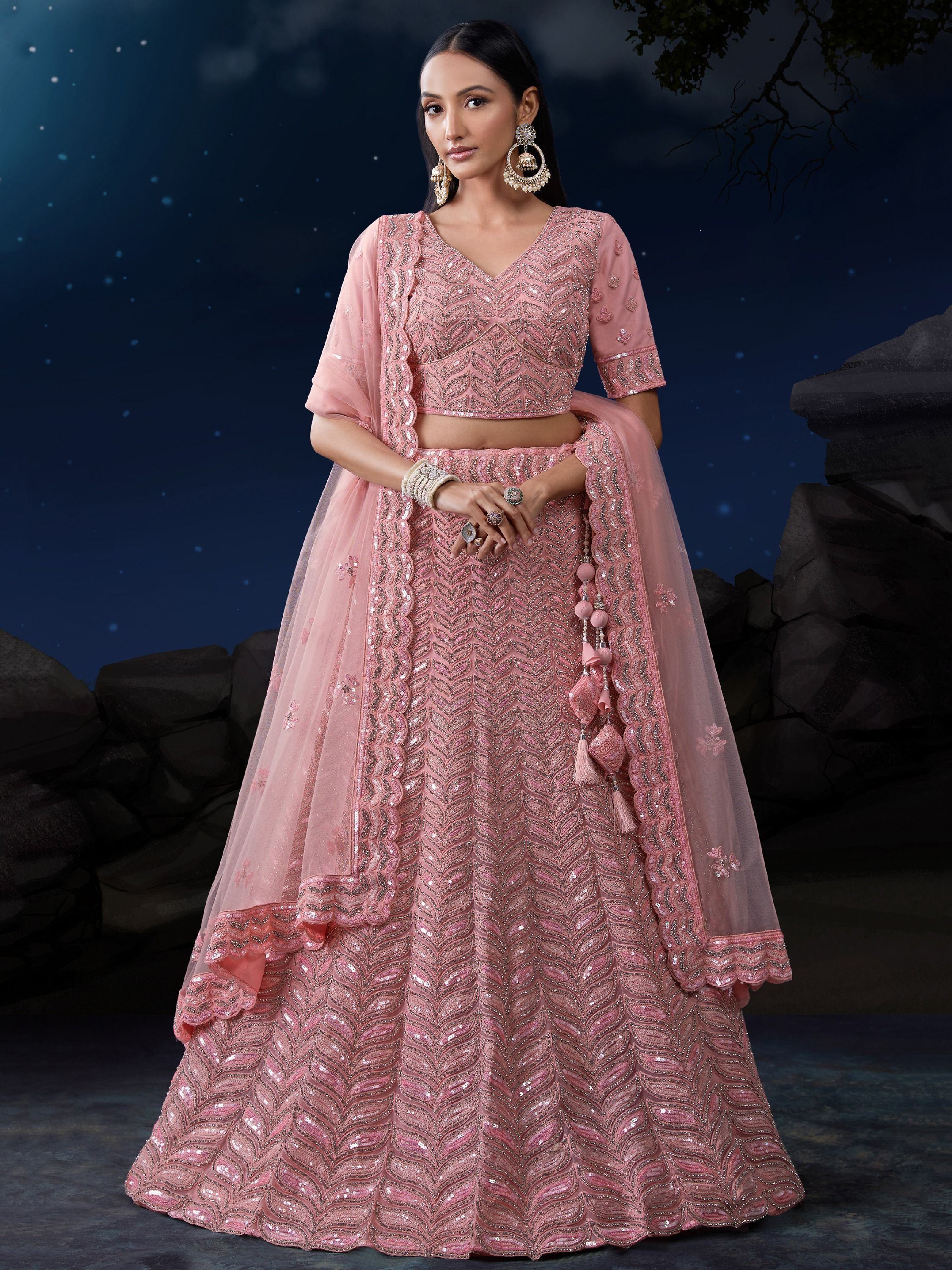 Alluring Pink Sequins Net Bridesmaid Lehenga Choli With Dupatta