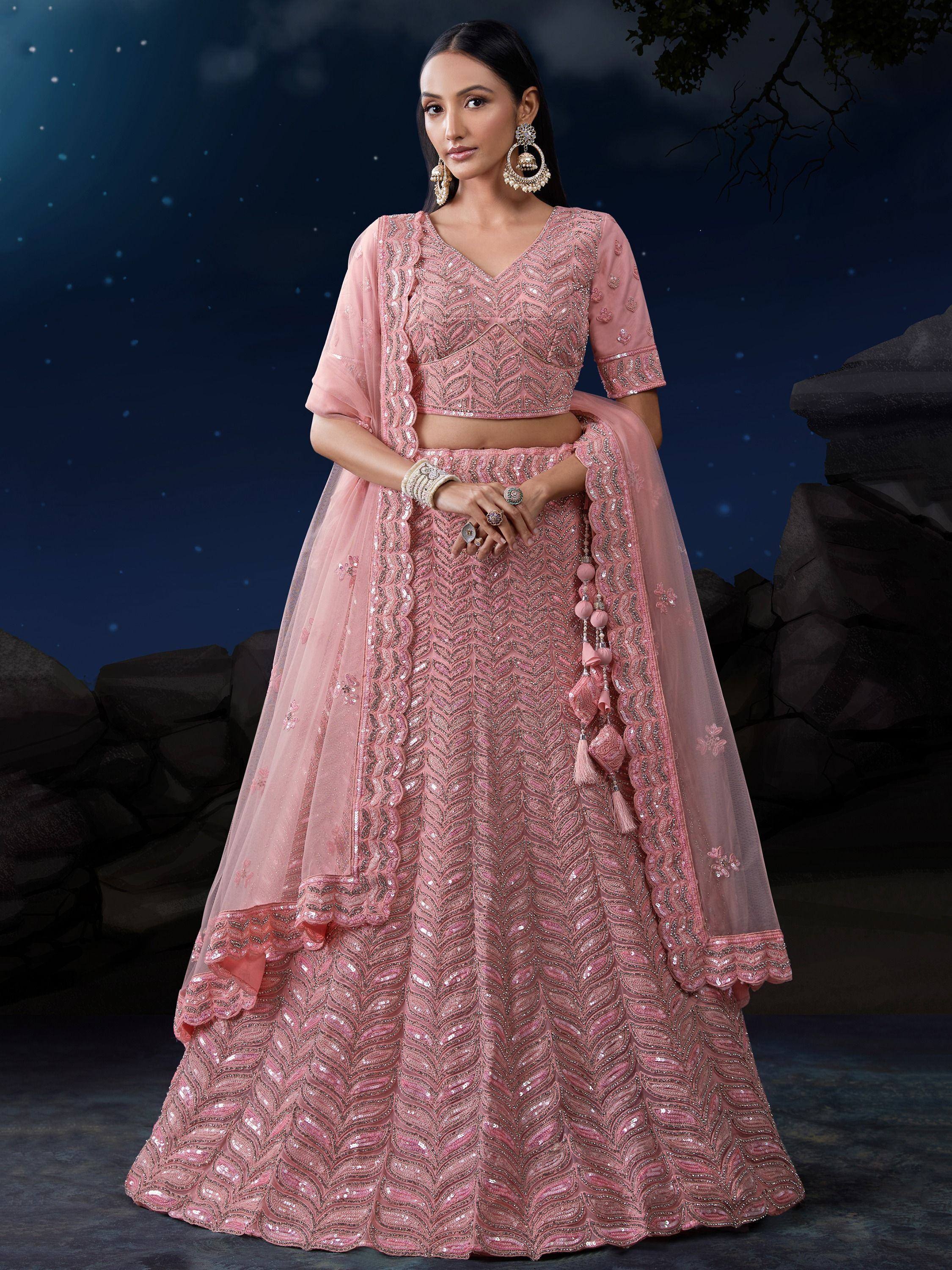 Pink designer lehenga choli with intricate sequin work, perfect for Indian ethnic occasions