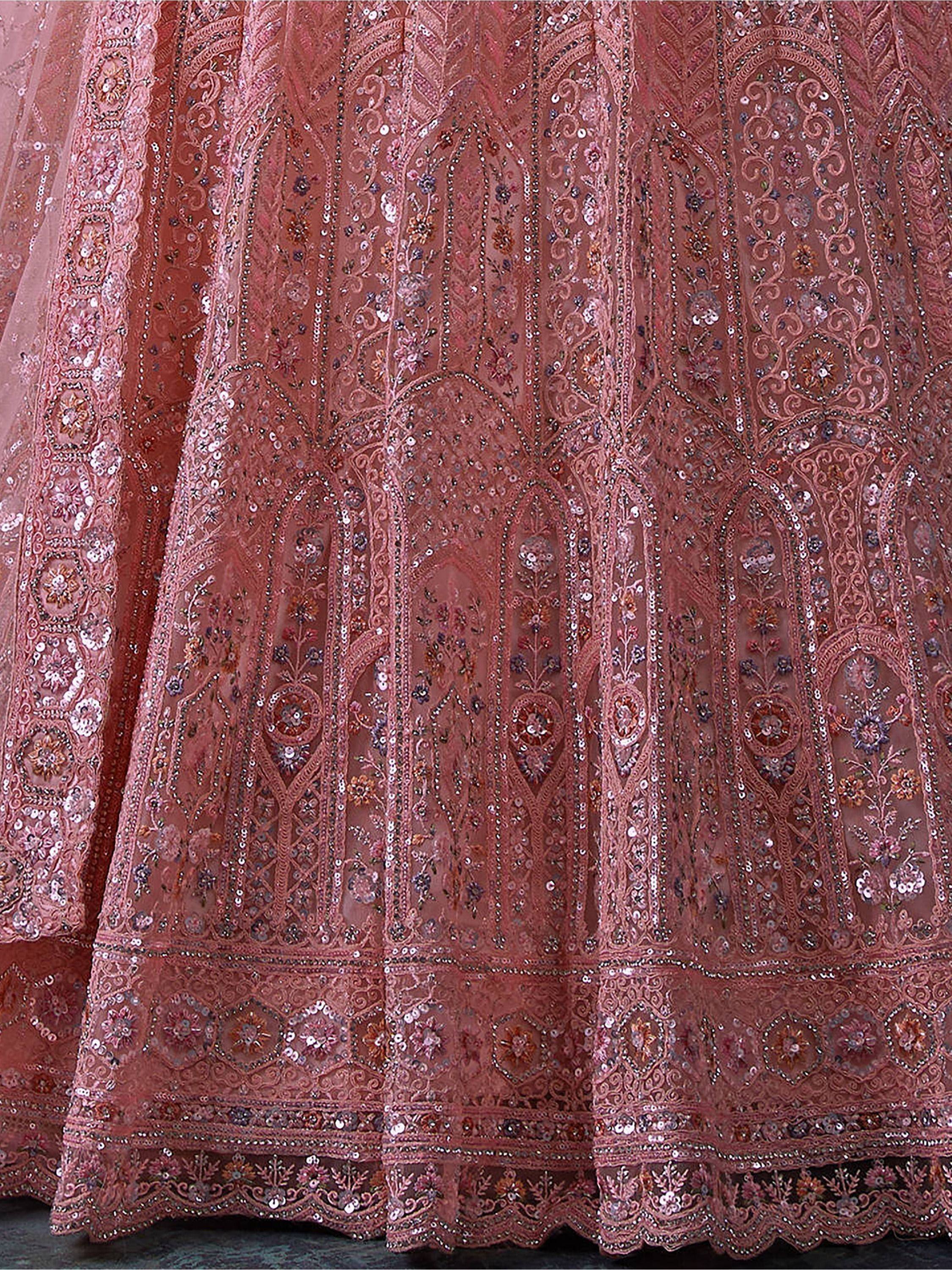 Pink designer lehenga with intricate floral embroidery and sequin work, ethnic Indian wear