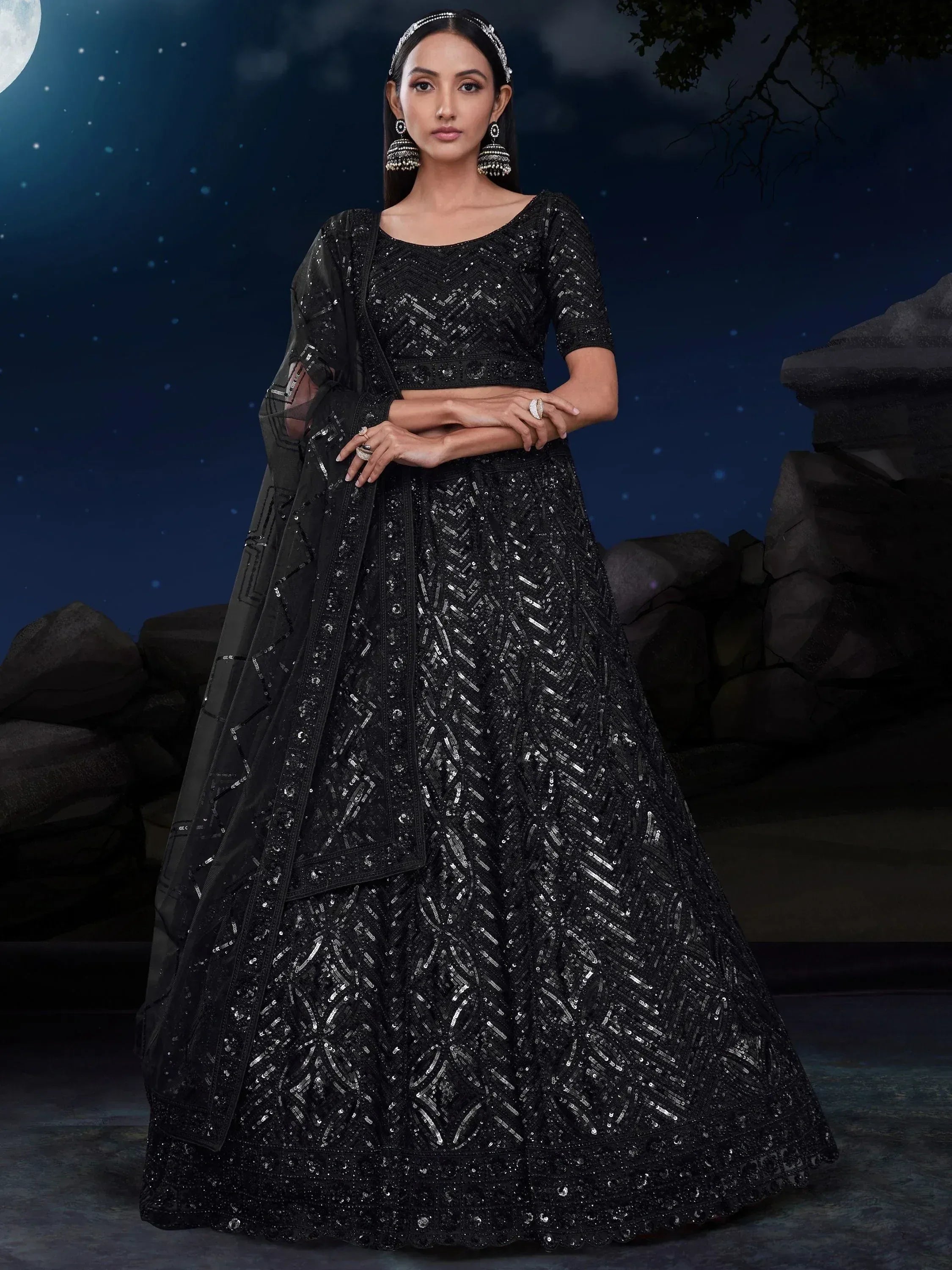 Black sequin lehenga choli with dupatta, perfect for Indian ethnic wear events under moonlight