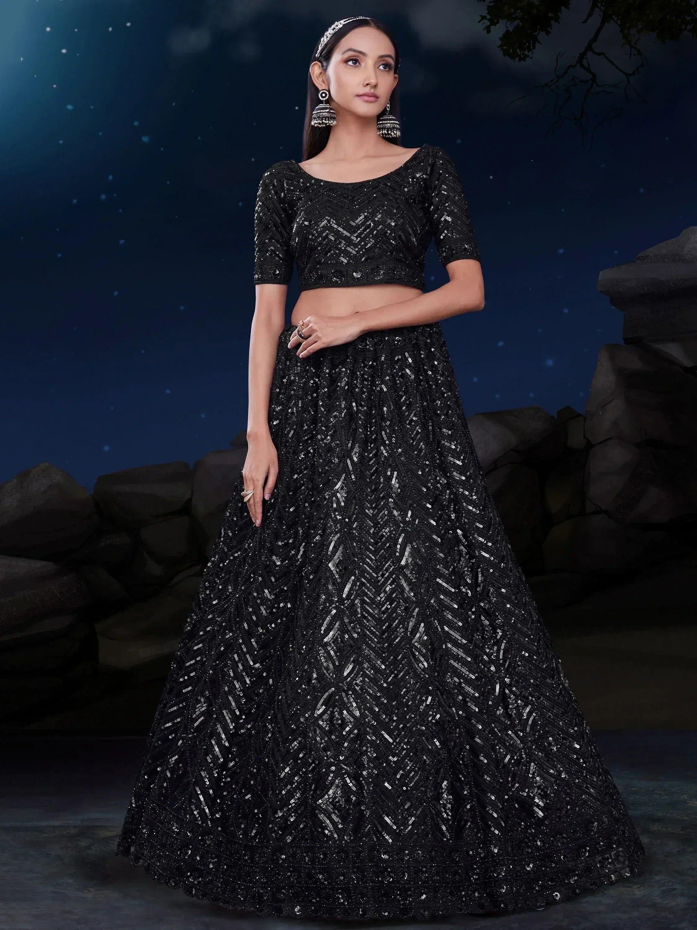 Black sequin lehenga choli with chevron pattern, perfect for Indian ethnic wear events