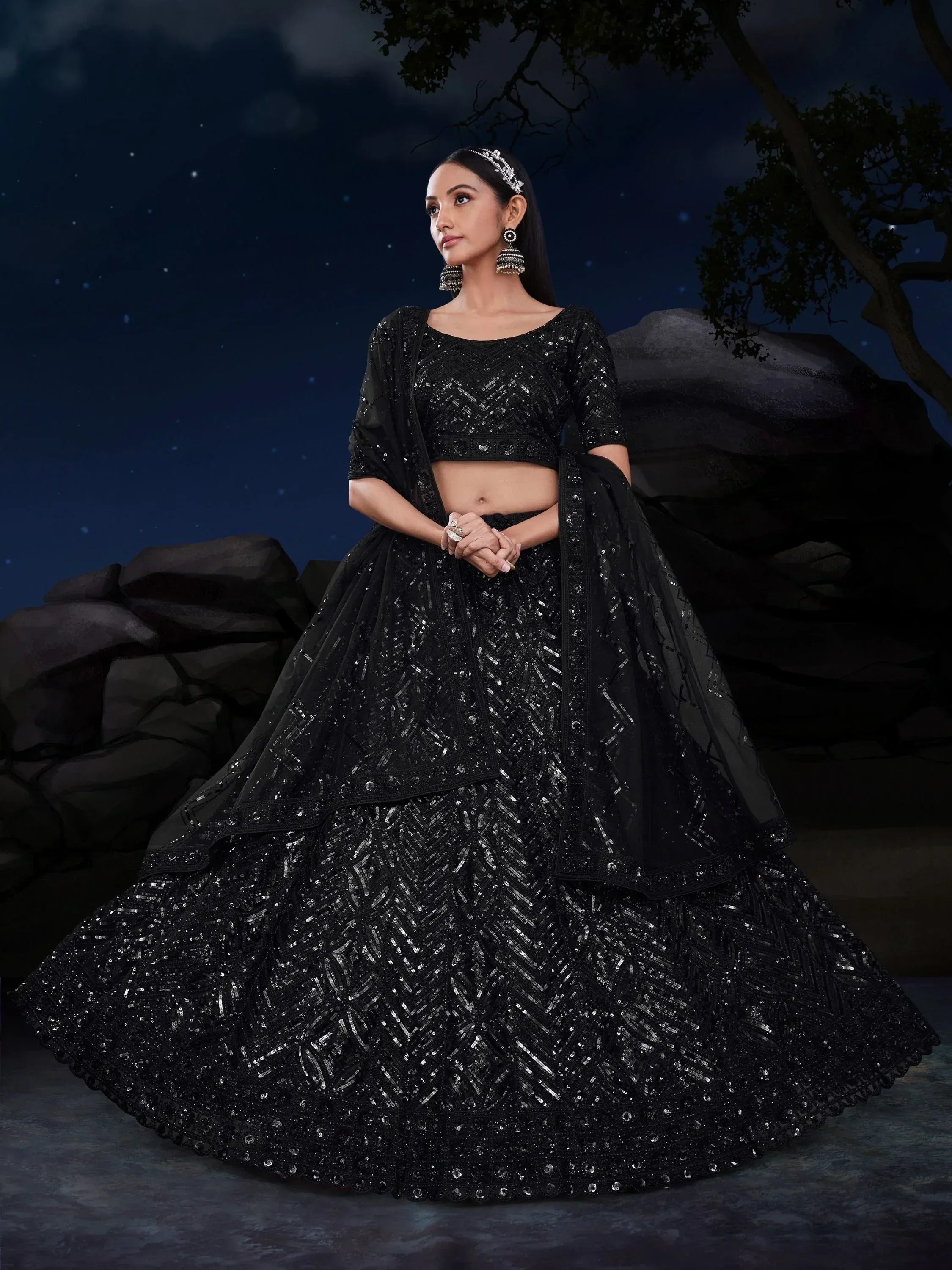 Black sequin lehenga choli with dupatta, Indian ethnic wear for weddings and parties under starry night sky
