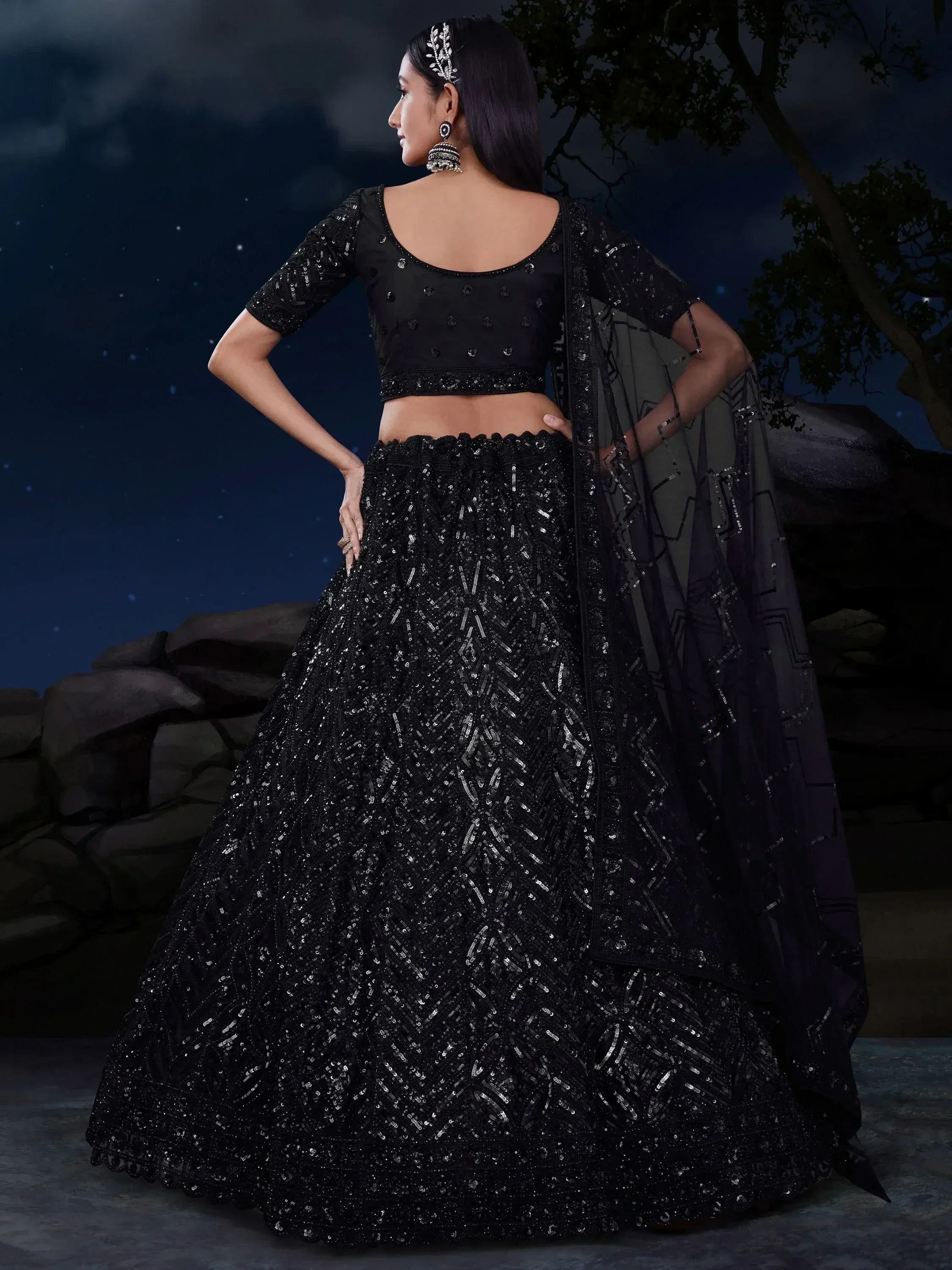 Black sequin lehenga choli with sheer dupatta, ethnic Indian wear for weddings and parties