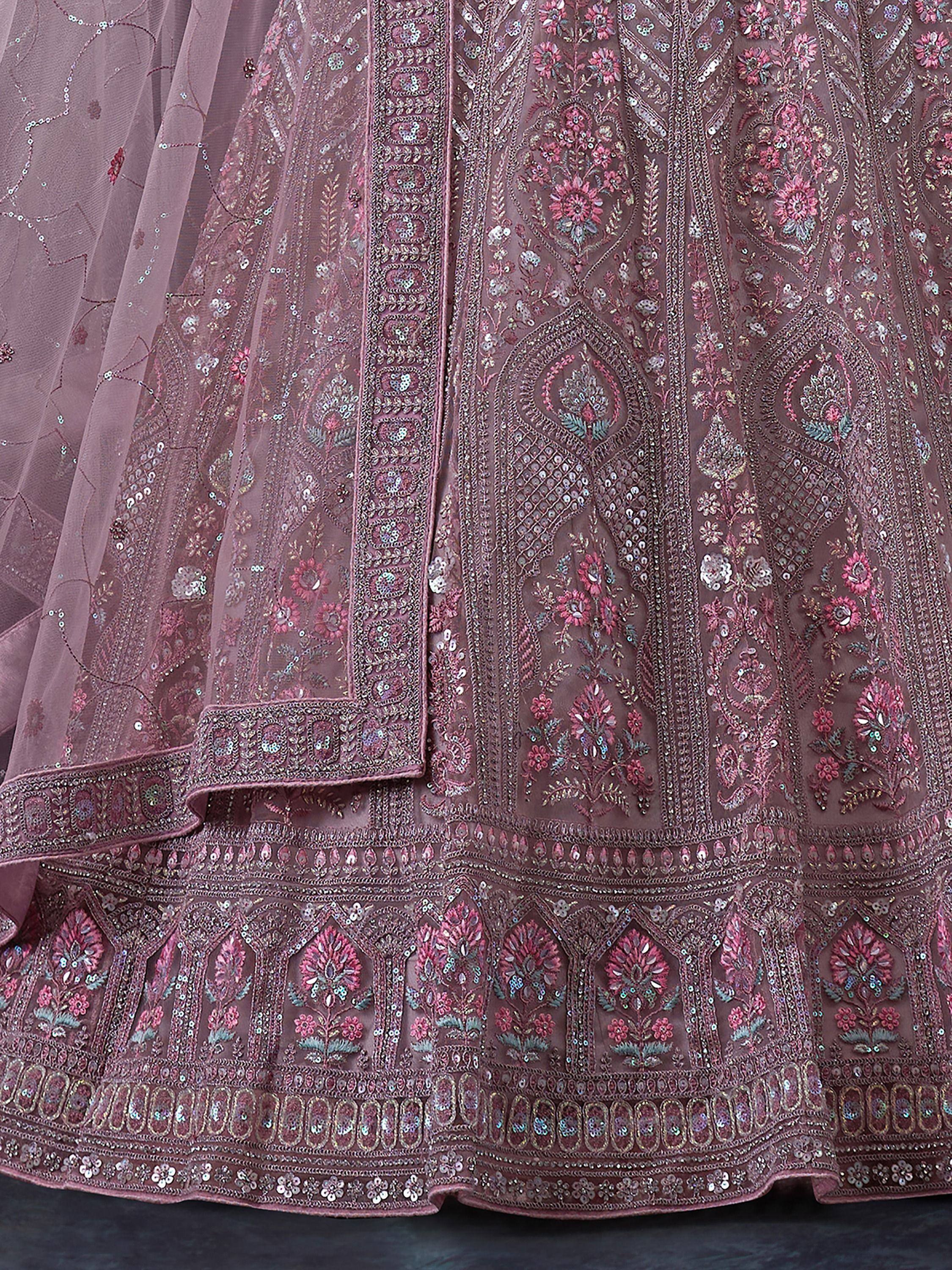 Mauve designer lehenga with intricate floral embroidery and sequin detailing for Indian ethnic wear
