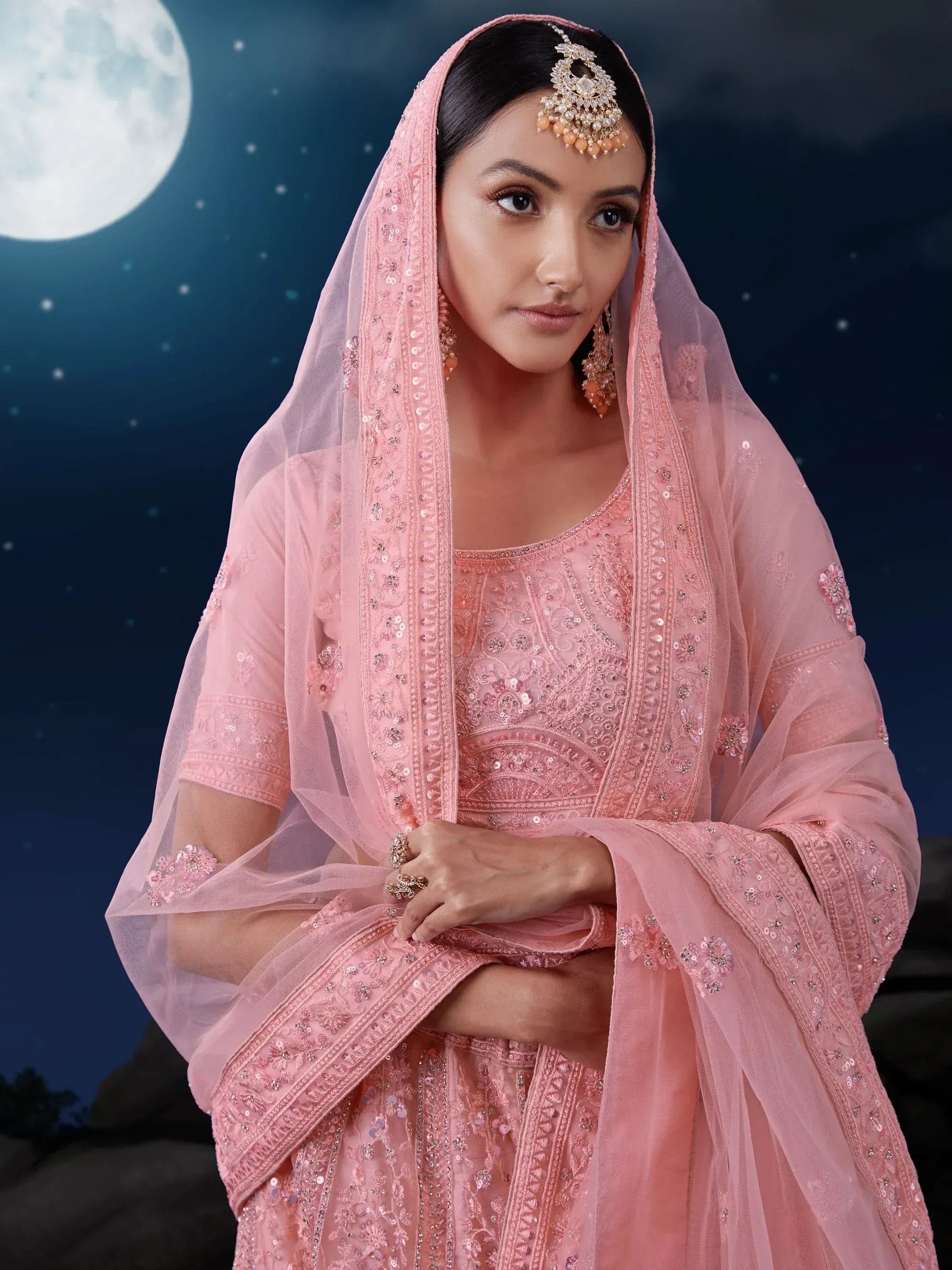 Pink embroidered Indian ethnic wear with dupatta, moonlit night backdrop