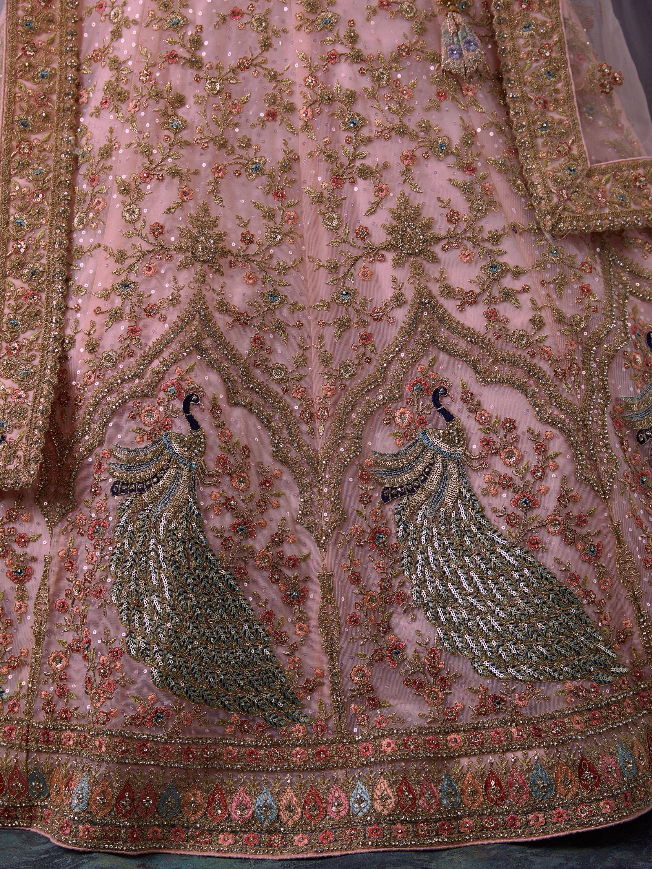 Pink lehenga with peacock embroidery and floral sequin work, Indian ethnic wear