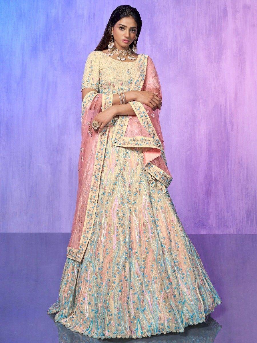 Pastel embroidered lehenga choli with pink dupatta, perfect for Indian weddings and festive occasions