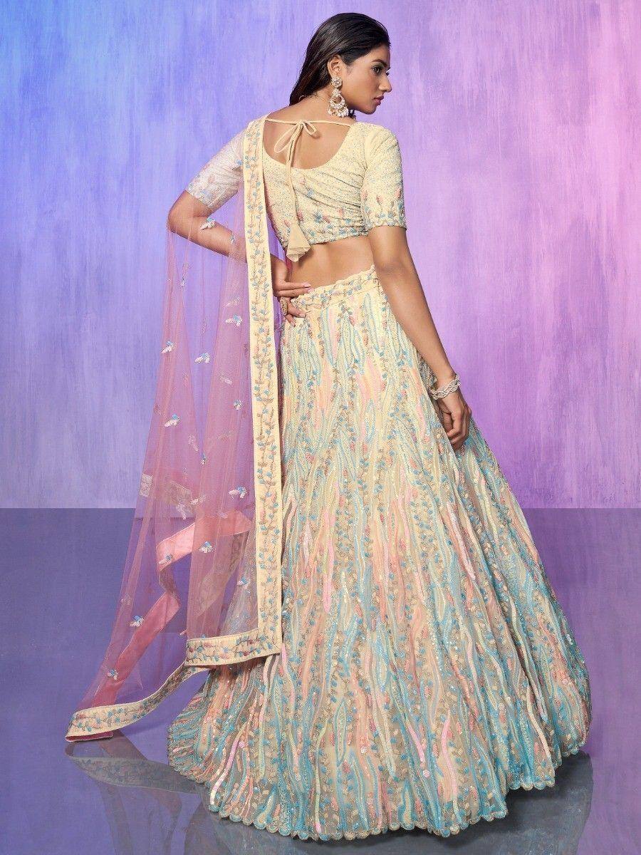 Pastel embroidered lehenga choli with sheer dupatta, Indian ethnic wear for weddings and festivals