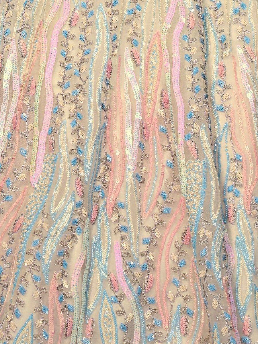 Pastel sequin embroidery on sheer fabric for ethnic wear, featuring pink, blue, and gold floral patterns.