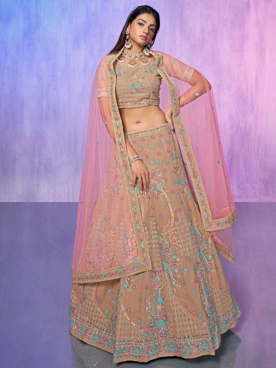 Beige floral embroidered lehenga choli with pink dupatta, Indian ethnic wear for weddings