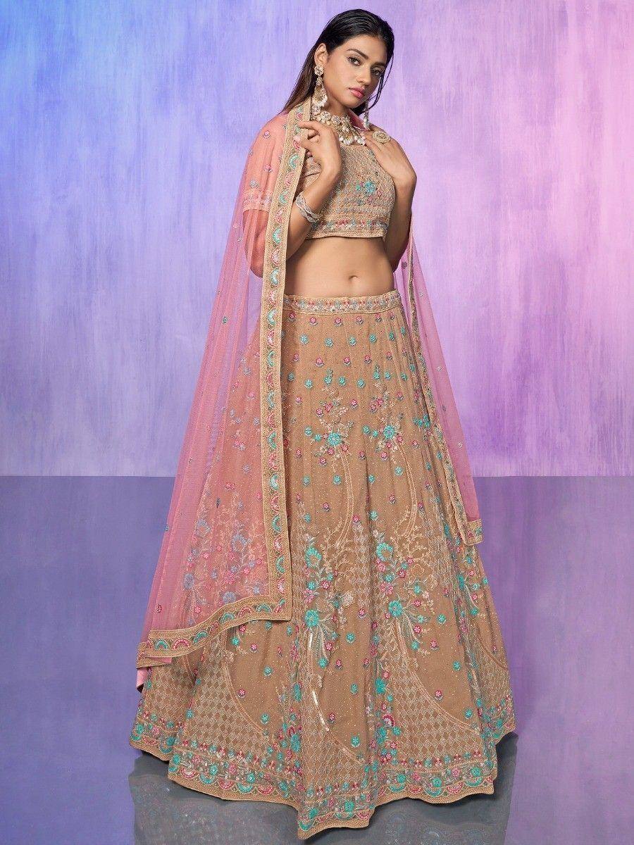 Beige floral embroidered lehenga choli with pink dupatta, Indian ethnic wear for weddings and festivals