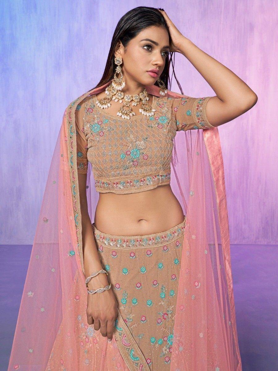Beige floral embroidered lehenga choli with pink dupatta, perfect for Indian ethnic occasions