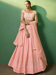 Stunning Peach Sequins Georgette Engagement Wear Lehenga Choli