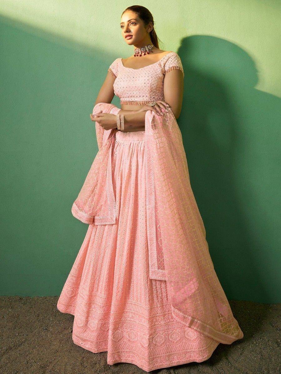 Pink embroidered lehenga choli with dupatta, Indian ethnic wear for women
