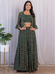 Woman in green printed ethnic crop top and palazzo set, Indian wear from Ethnic Plus
