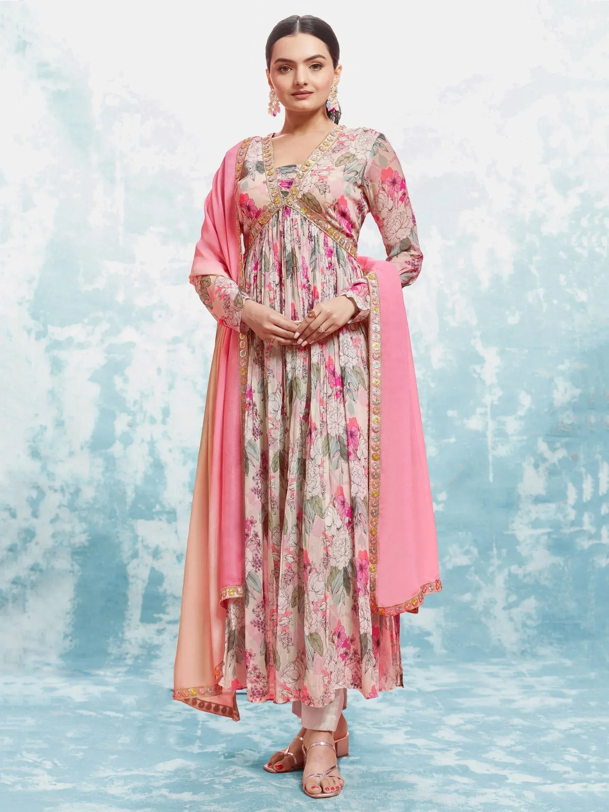 Pink floral printed Indian ethnic gown with dupatta, perfect for festive occasions and parties