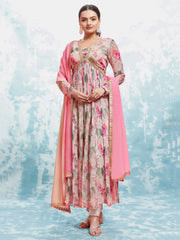 Woman in floral print Anarkali suit with pink dupatta, Indian ethnic wear from Ethnic Plus