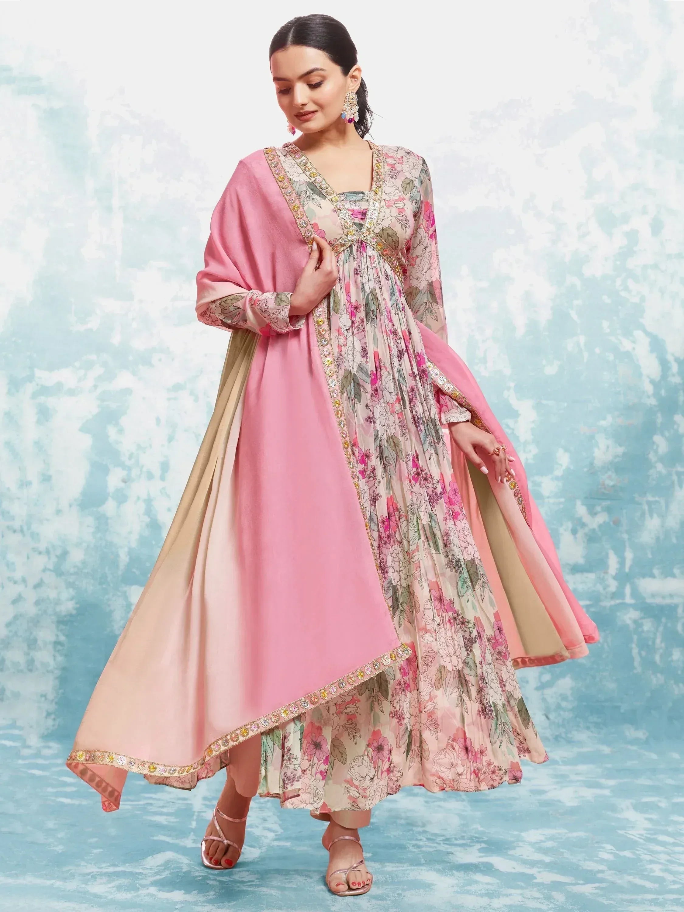 Pink floral print anarkali suit with embroidered dupatta, Indian ethnic wear for women