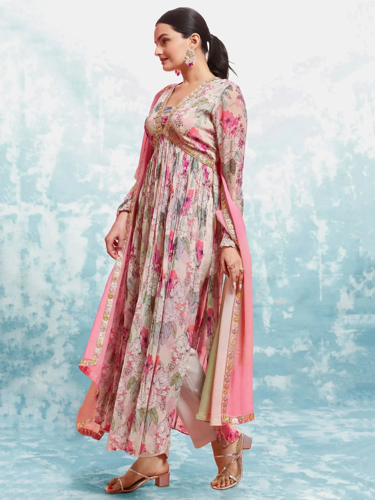 Floral printed ethnic gown with pink dupatta, perfect for Indian occasions