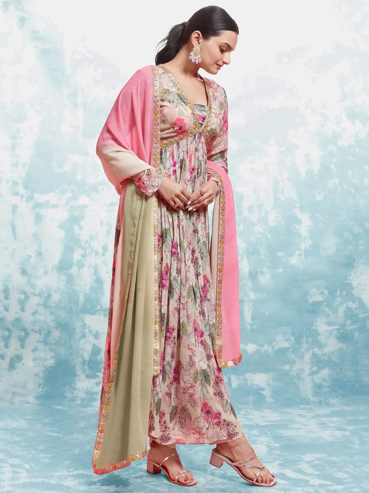 Floral print ethnic gown with pink dupatta, perfect for Indian occasions and festive wear.