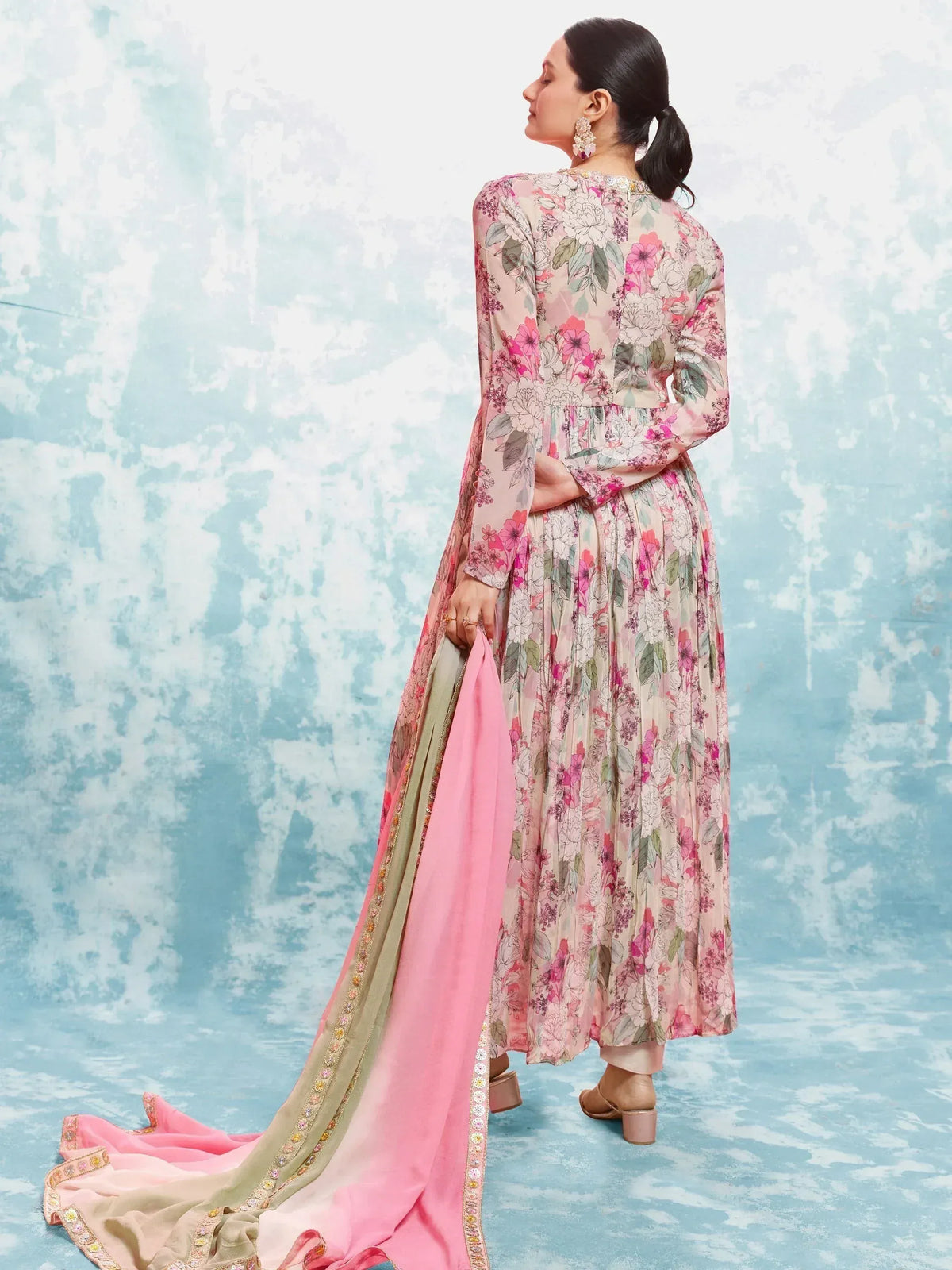 Floral printed ethnic gown with pink dupatta, perfect for Indian occasions