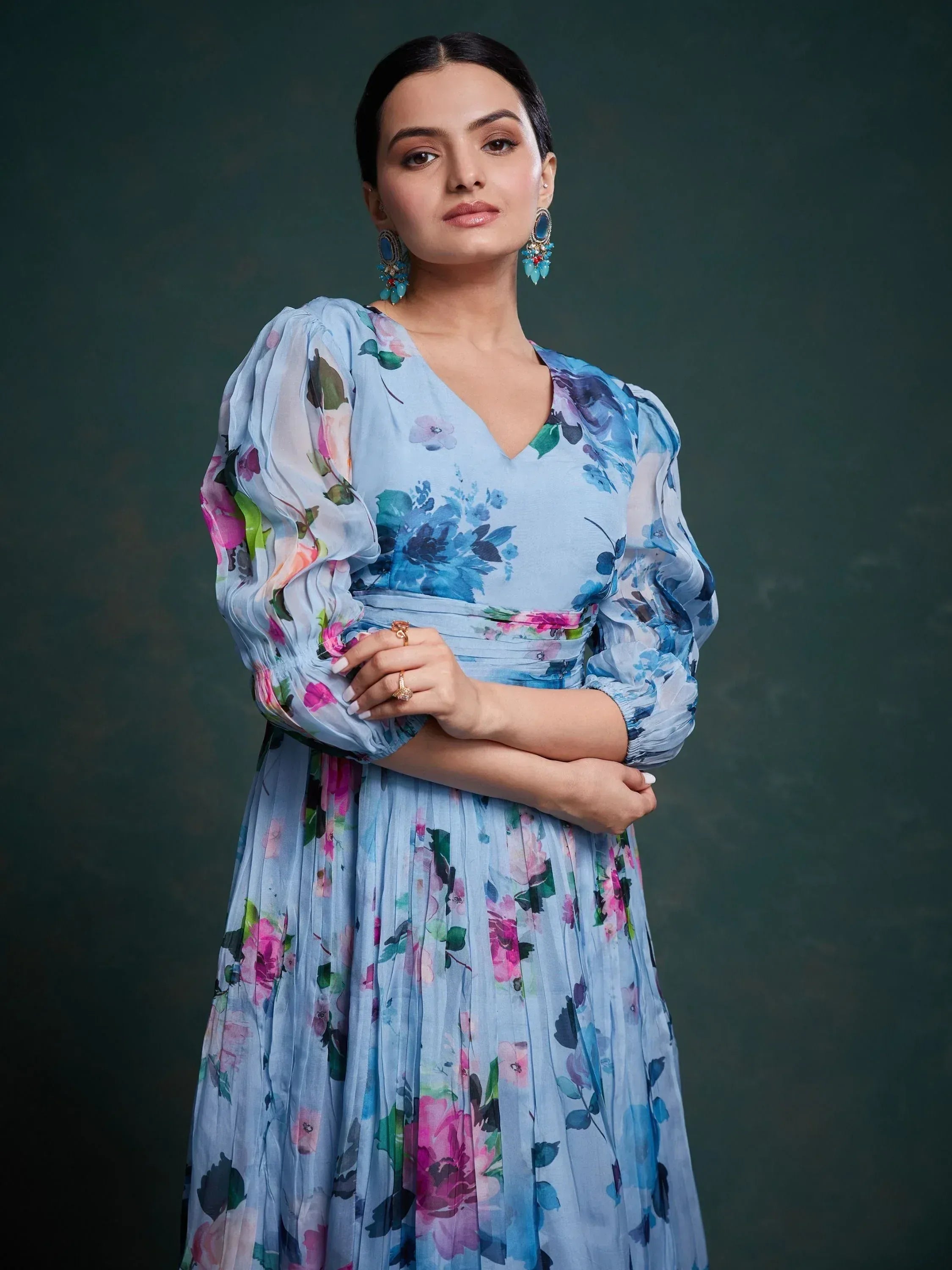 Blue floral ethnic gown with puff sleeves, perfect for Indian occasions and festive wear