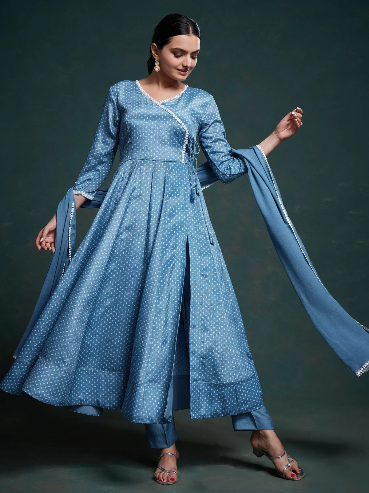 Blue printed anarkali suit with flared sleeves and dupatta, ethnic Indian wear for women